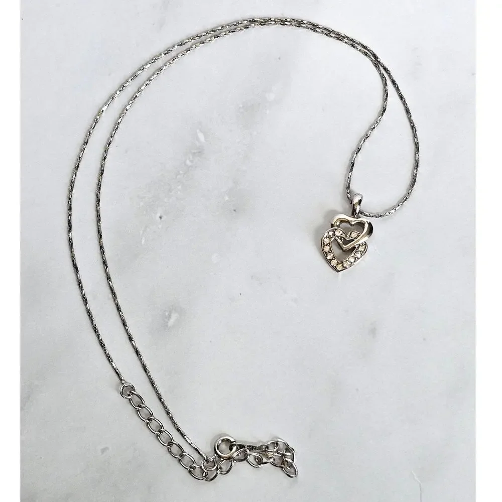 VTG 18K GP Double Heart Rhinestone Pendant Necklace Silver Tone Gold Plated